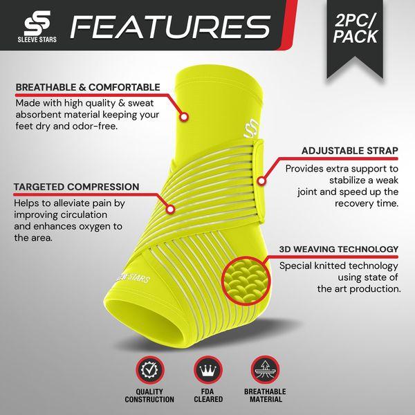 Sleeve Stars Ankle Brace for Sprained Ankle, Plantar Fasciitis Relief Achilles Tendonitis Brace, Ankle Support for Women & Men w/Strap, Heel Protector Wrap for Pain & Compression (Pair/Neon Green) 2