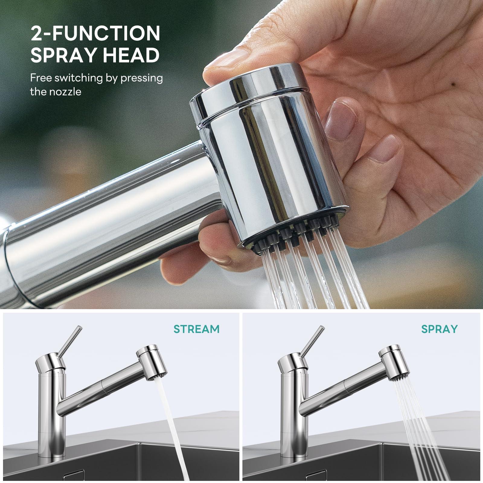 APPASO Kitchen Tap, High Pressure Kitchen Taps Mixer with Pull Out Spray 2 Modes, Single Handle Low Arch Kitchen Sink Taps 1 Hole for Standard Fittings, Polished Chrome 2