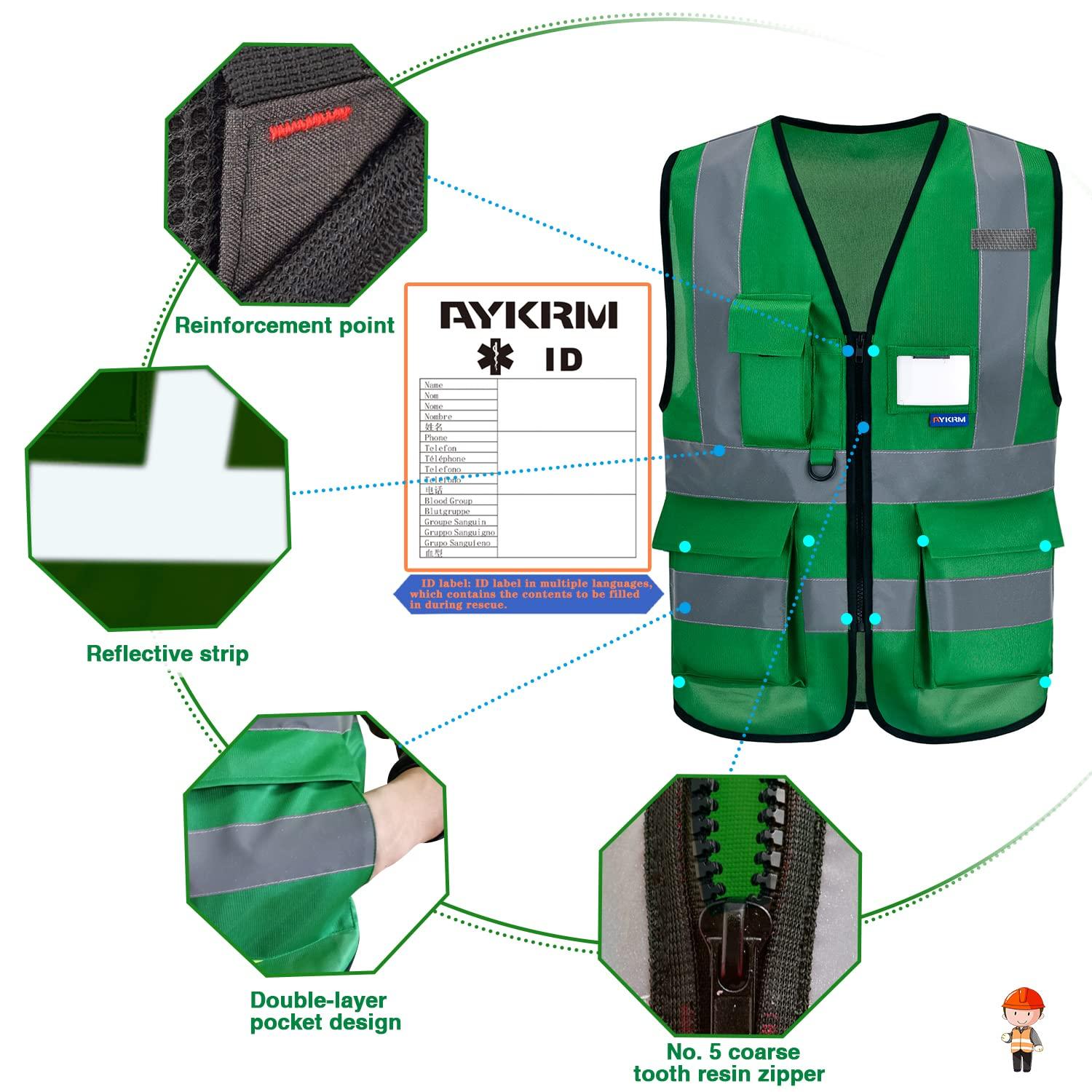 AYKRM Dark green high viz Class 2 hi vis Zipper Front High Visibility vest Hi Vis Executive Vest Waistcoat with Phone & ID Pockets 2