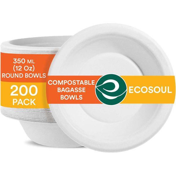 ECO SOUL Pearl White Round 350 ml(12oz) Bagasse Bowls, 10x Times Sturdy Than Paper Plates(Pack of 200), Disposable Tableware, 100% Compostable, Eco Friendly Alternative to Plastic Bowls, Microwavable 0