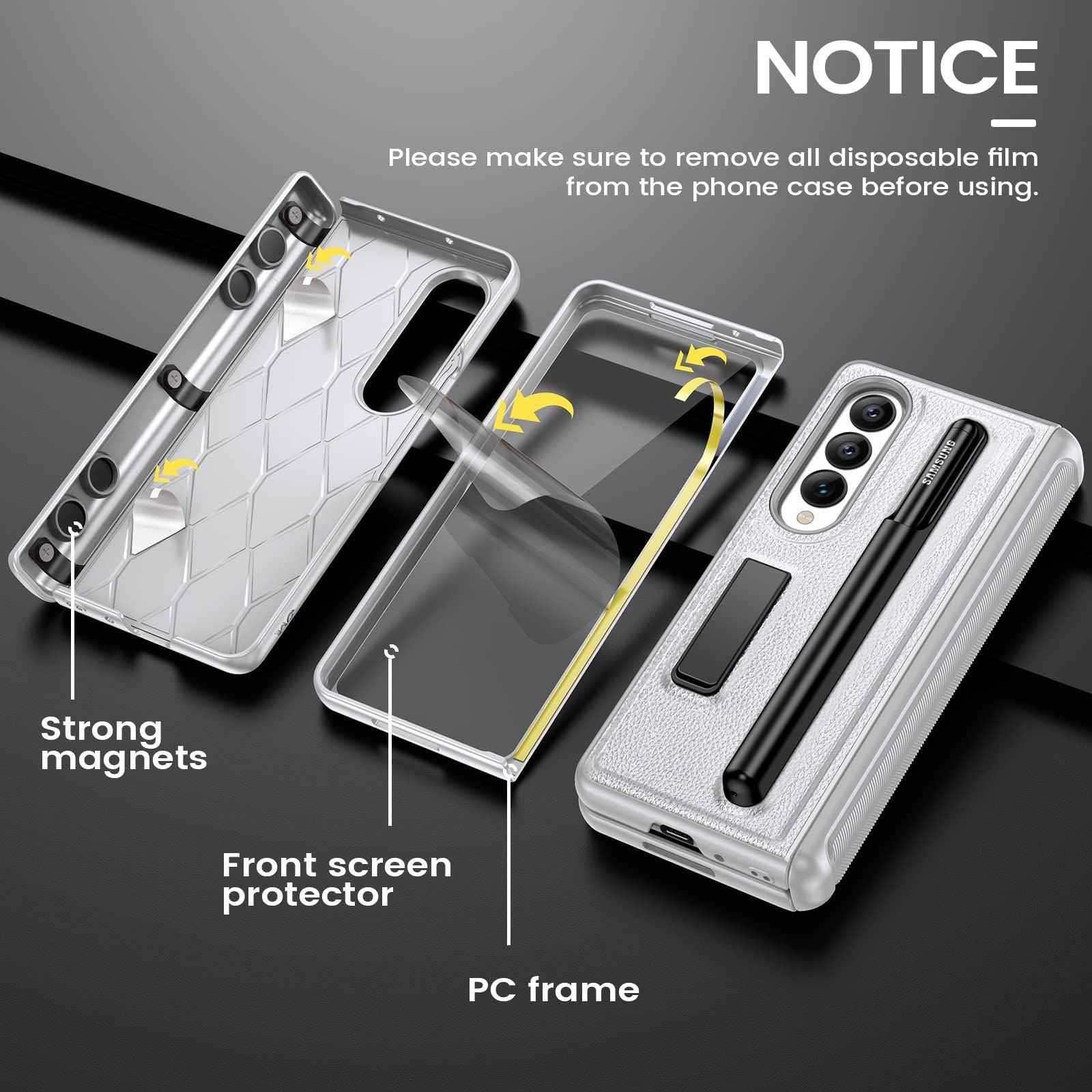 HWeggo for Samsung Galaxy Z Fold 4 Case with S Pen Holder and Kickstand,Samsung Z Fold 4 Case with Front Screen Protector,Hard PC Shockproof Anti-Scratch Hinge Coverage Protective Cover(Sliver) 3