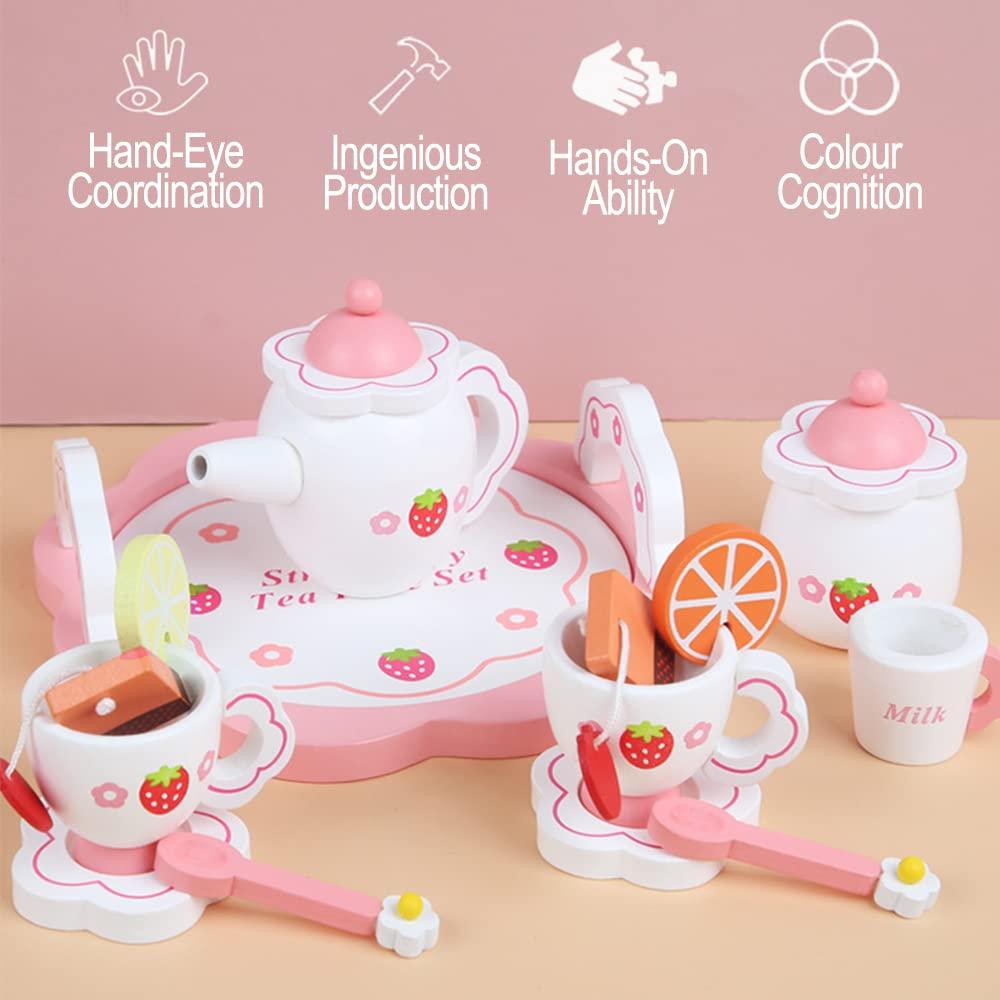 NAVK Wooden Tea Set Toys, Pretend Play Game Toy for Girls, 14 Pcs Cute Kids Wooden Kitchen Accessories, Birthday Christmas Easter Gift for Kids Boy 1