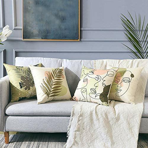 Artscope Set of 4 Decorative Cushion Covers 45x45cm, Abstract Human Face and Plant Pattern Waterproof Throw Pillow Covers, Perfect to Outdoor Patio Garden Bench Living Room Sofa Farmhouse Decor 4