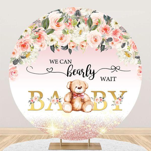 Renaiss 7ft We Can Bearly Wait Round Backdrop Brown Bear Pink Flower Polyester Photography Background Newborn Girl Birthday Party Decoration Cake Table Banner Photo Studio Props 0