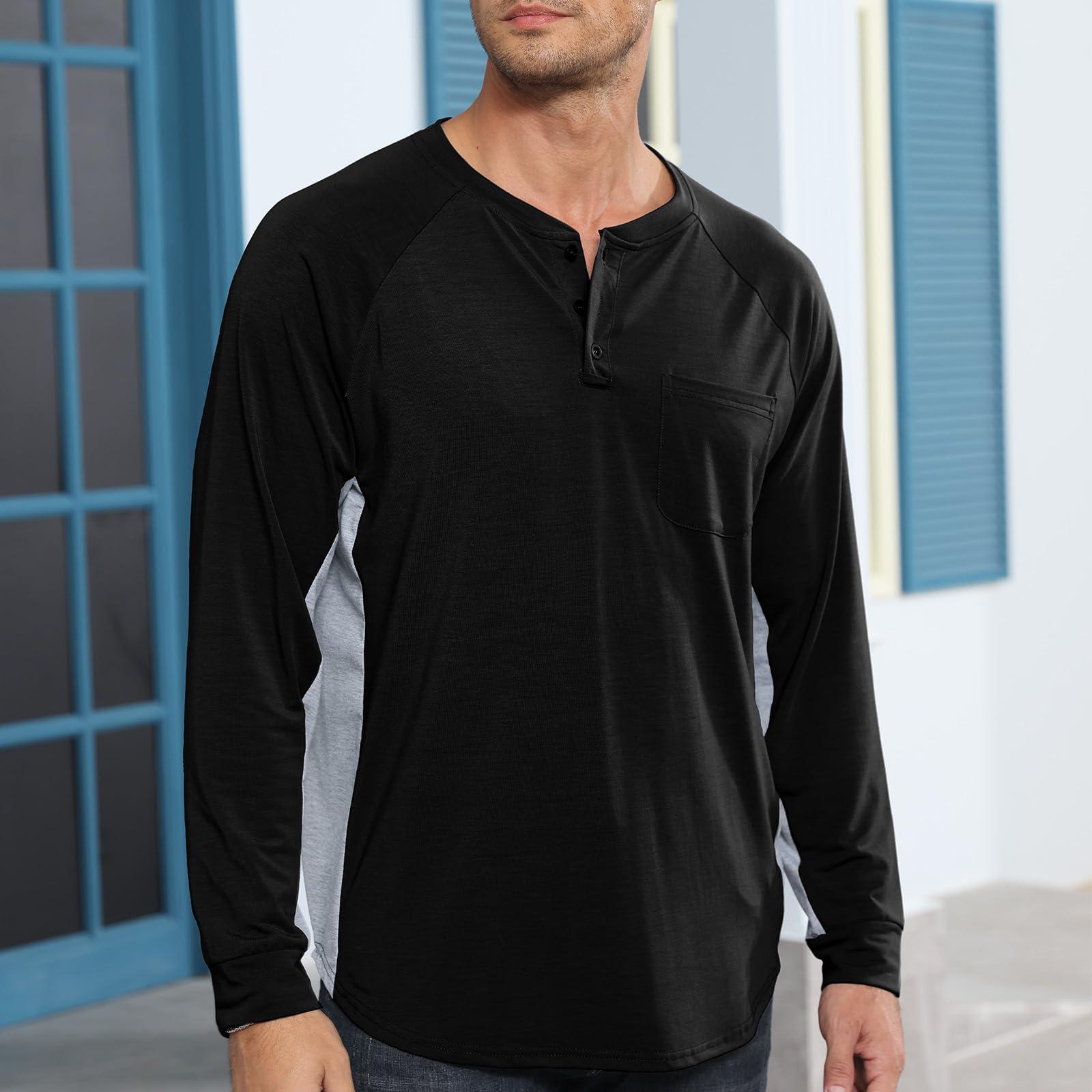 Ophestin Men's Henley Shirts Long Sleeve Tops for Men Casual Fashion Button T Shirts Black L 1