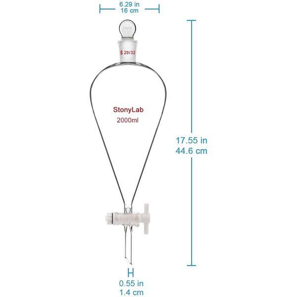 StonyLab PTFE Stopcock Separatory Funnel 2 L, Borosilicate Glass Heavy Wall Conical Pear-Shaped Separatory Funnel Separation Funnel with 29/32 Joint 2