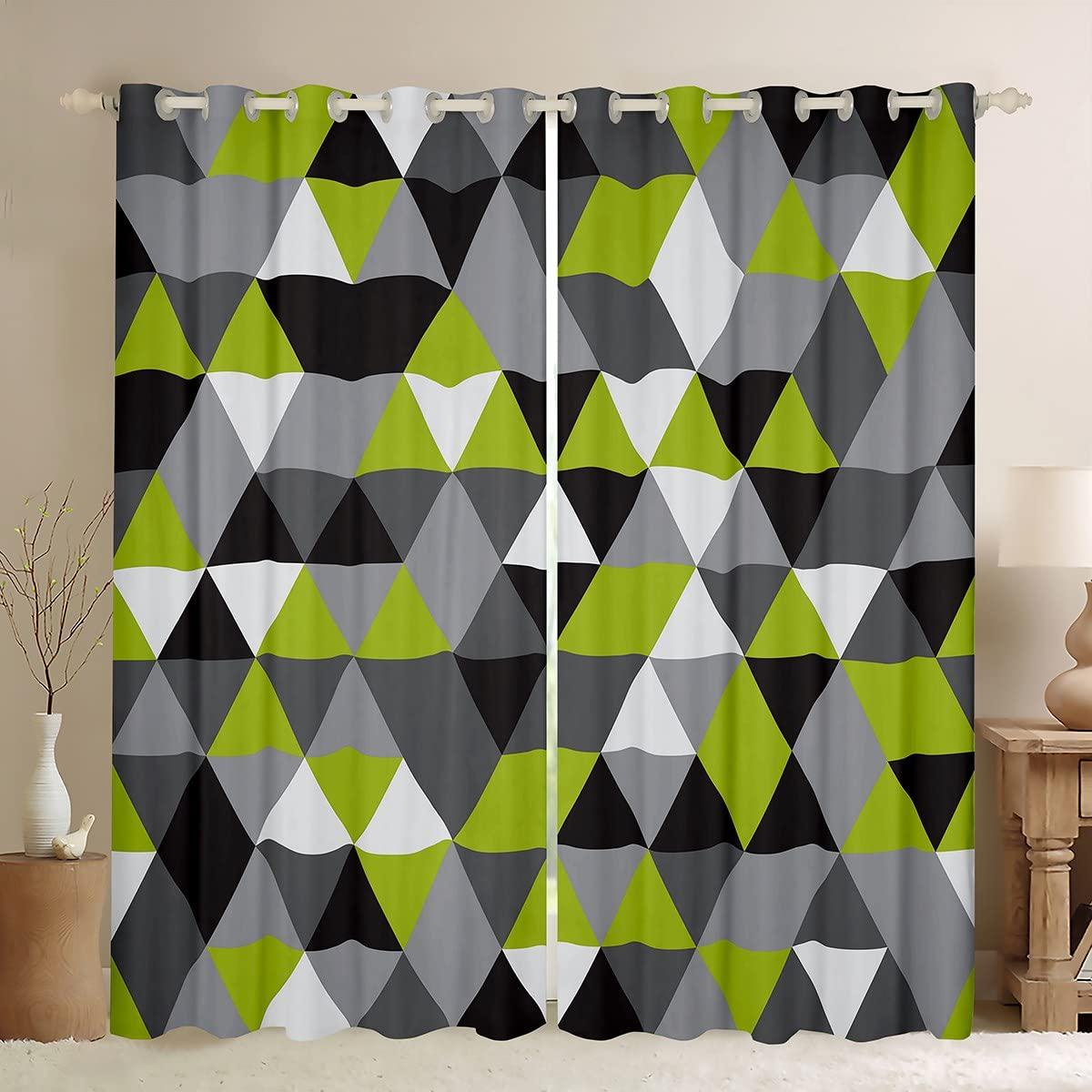 Black White Green Geometric Curtains Light Grey Dark Gray Triangle Diamond 46x54 Window Curtains Geometry Graphics Curtains & Drapes For Bedroom,Modern Stylish Window Treatments 2 Panels