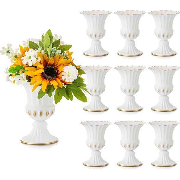 Sziqiqi White Metal Urn Vase for Flowers - 10Pcs Mini Vintage Flower Arrangement Pots for Wedding Table Centerpiece, Trumpet Planter Urn for Anniversary Ceremony Party Birthday Decoration, 16cm