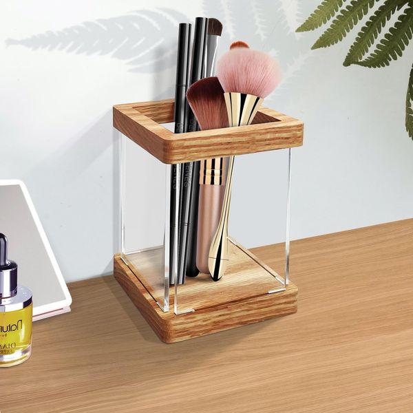 KOLYMAX Pen Holder Wooden and Acrylic Pencil Holder for Desk Office Pen Organizer, Clear Acrylic Pencil Pen Holder Cup, Makeup Brush Holder Acrylic Desk Accessories 2