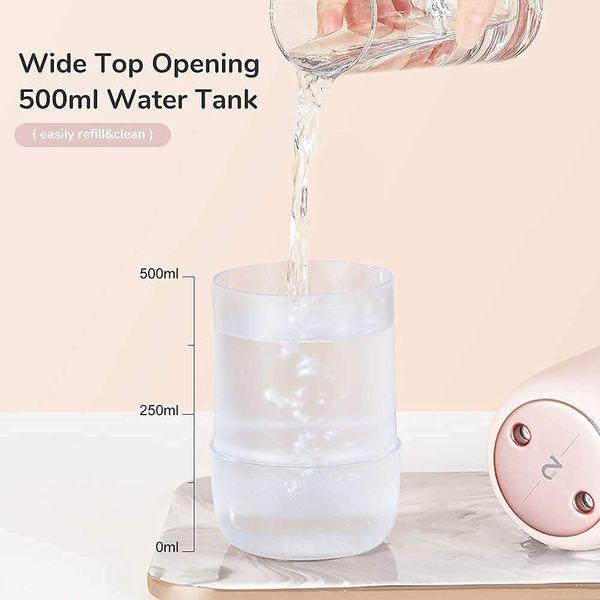 JISULIFE Small Humidifier, 500ml Portable Travel Humidifier, 3600mAh Battery Operated Humidifier for Car Desk Home Office, Auto Shut-Off, Dual Mist Ports, Whisper Quiet - Pink 3