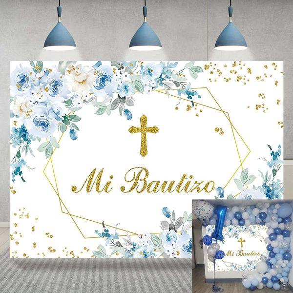 Mi Bautizo Backdrop Mexican Baptism Party Photo Background God Bless Boy First Holy Communion Blue Flower Decorate Banner Newborn Baby Shower Supplies (Blue, 8x6FT) 0