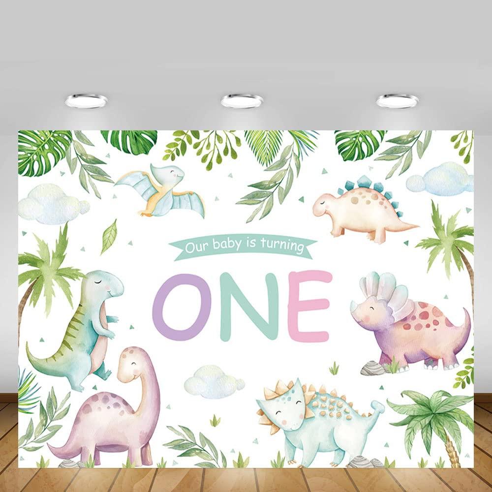 MEHOFOND 7x5ft Pastel Dinosaurs 1st Birthday Backdrop Our Baby Is Turning One Party Banner Cake Smash Decoration Green Leafs Adventure Dinosaur World Photography Background Photo Studio 3