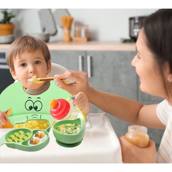 FILOWA Baby Feeding Set, 5 in 1 Silicone Weaning Set for Babies with Suction Plate, Suction Bowl, Spoon and Fork, Adjustable Bibs Tableware Sets, BPA Free Cutlery Set for Toddlers, Green Elephant 4