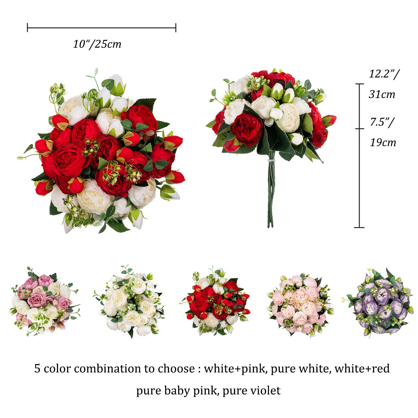 BLOSMON Artificial Flowers Peony Wedding Decorations 24 Pcs Fake Peonies Red&White Silk Flowers for Wedding Table Centrepiece Decorations Faux Bridal Bouquet Floral Arrangements for Home Party Decor 4