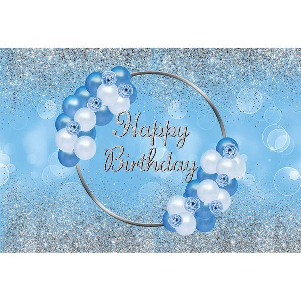 Renaiss 10x6.5ft Blue and Silver Happy Birthday Backdrop Silver Glitter Sparkle Blue White Balloon Flowers Photography Background Kid Adult Birthday Party Dessert Cake Table Decor Studio Booth Props 0