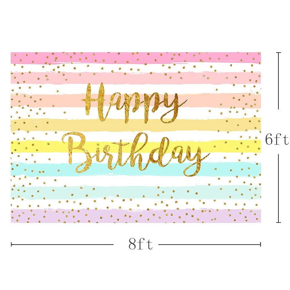 MEHOFOND 8x6ft Rainbow Girl Happy Birthday Party Decoration Backdrop Banner for Child Adults Colorful Stripe Golden Dot Happy Birthday Photography Background Studio Photo Props Vinyl 2