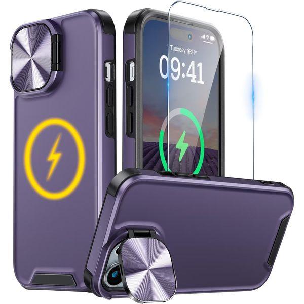 Buysing Magnetic Case for iPhone 15 Pro Max Case with Camera Stand [Compatible with MagSafe] [with Screen Protecter]Invisible Metal Kickstand Military Grade Hard Matte Shockproof Case 6.7"-Dark Purple 0