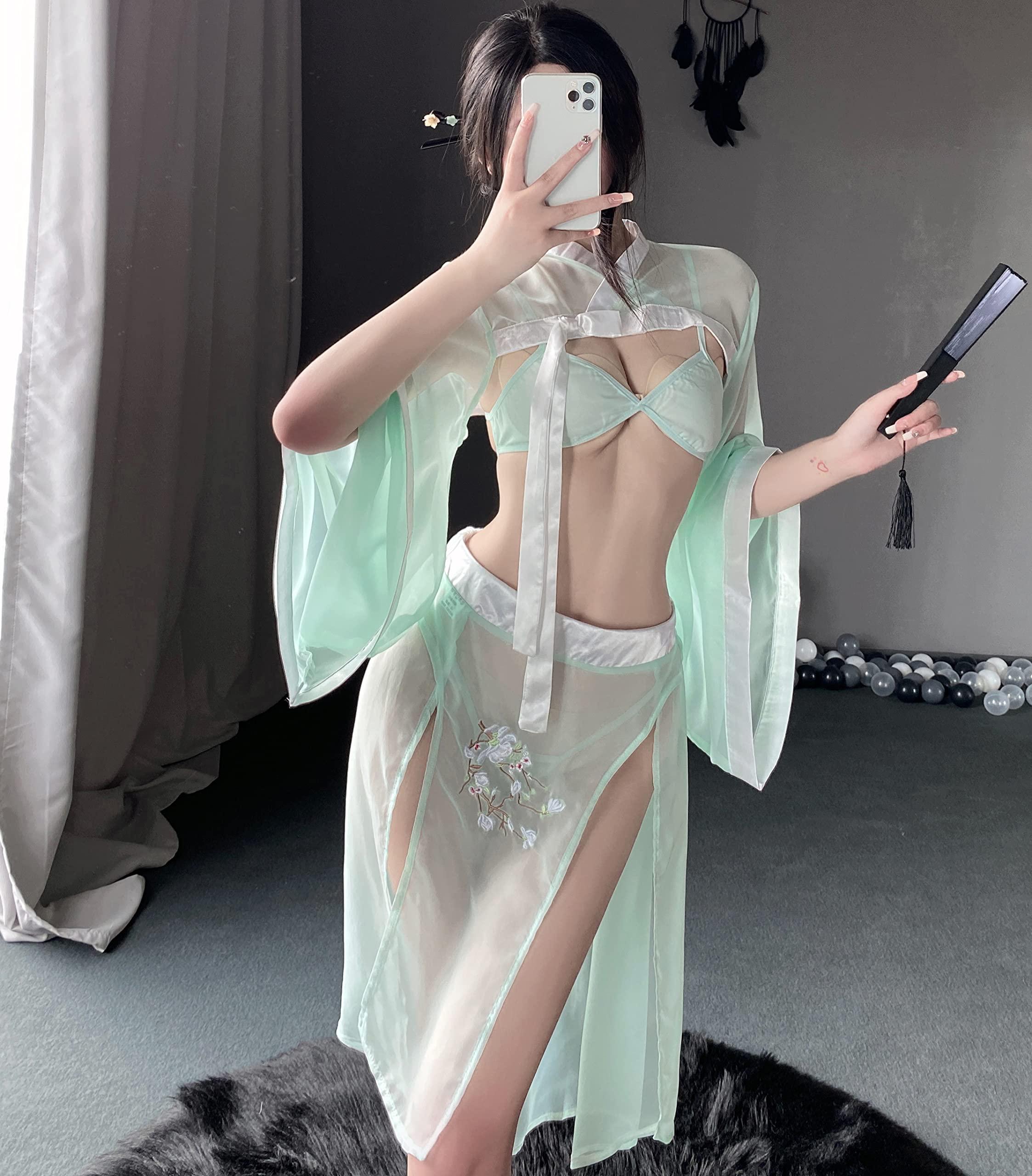 SINROYEE Women's Sexy Asian RolePlay Suit Cosplay Hanfu Cheongsam Dress Anime Lingerie Costumes (#89 Pale Green) 2