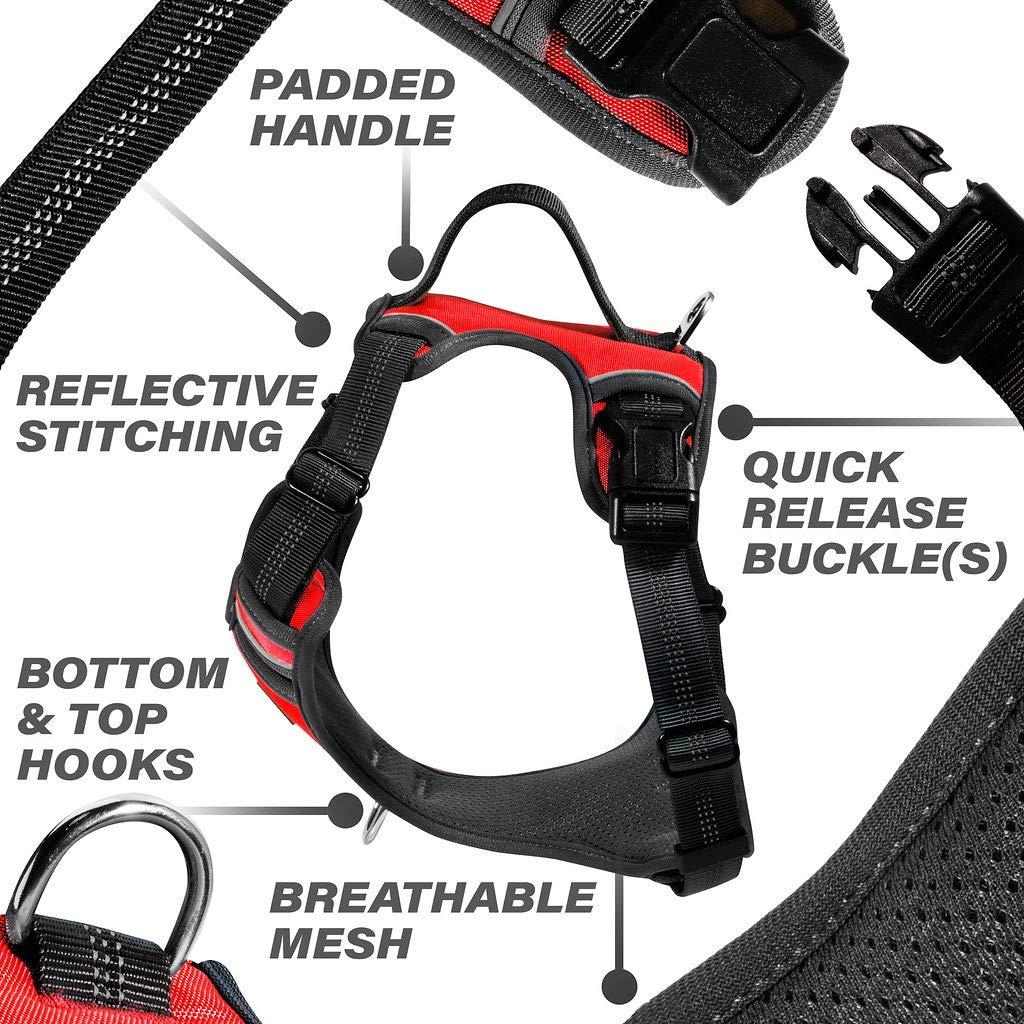 Black Rhino - Comfort Dog Harness with Mesh Padded Vest for Small - Large Breeds | Adjustable, Reflective | 2 Leash Attachments on Chest & Back - Neoprene Padded Training Handle | Large, Red-Black 1