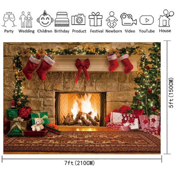Christmas Fireplace Photography Background Indoor Christmas Tree Gifts Box Happy Holiday Party Photo Backdrop (8x6ft) 1