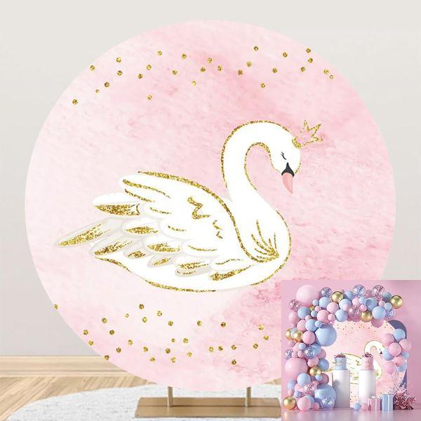 Renaiss 5x5ft Golden Glitter White Swan Round Backdrop Gold Dots Pink Round Backdrop Stand Cover Baby Shower Kids Girls Birthday Party Decoration Polyester Fabric Photography Props 0