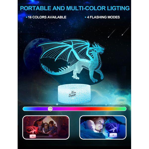 Nice Dream Dragon Night Light for Kids, 3D Illusion Night Lamp, 16 Colors Changing with Remote Control, Room Decor, Gifts for Children Boys Girls 4