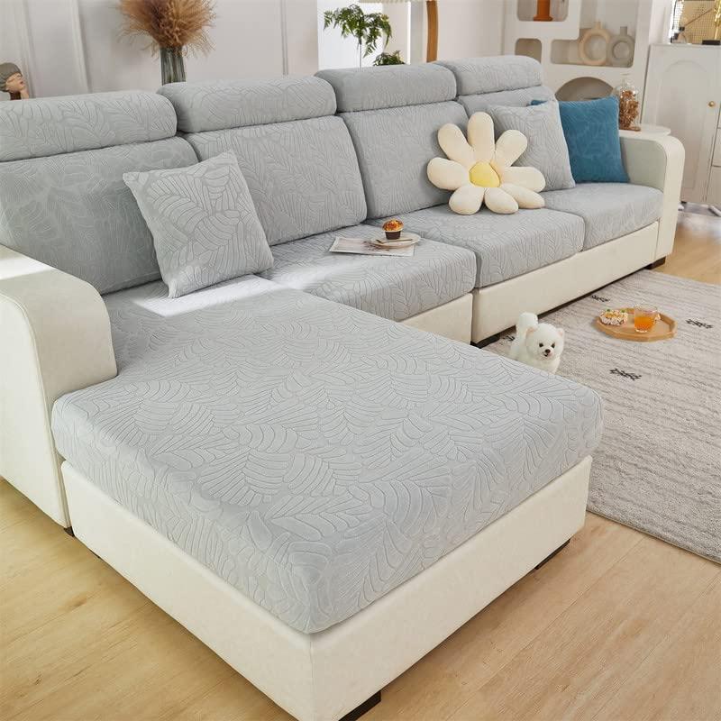 Topchances Sofa Seat Cushion Covers - Stretch Sofa Cushion Covers Replacement, Non-Slip Sofa Seat Slipcovers for Sofa Cushion L Shaped Chaise Longue Furniture Protection (Leaves, Light Grey) 1