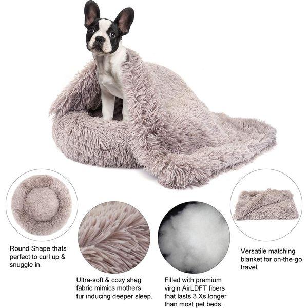 Belababy Calming Dog Bed Cat Bed Donut, 2X-Large Fluffy Round Cuddler Washable Soft Plush Dog Nest and Pet Throw Blanket Set (Purple, Bed 36"x 36", Blanket 40"x 48") 1