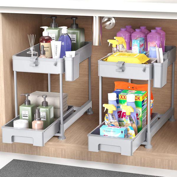 SPACEKEEPER Under Sink Storage Shelf,2 Tier Slide Out Under Cabinet Basket Drawer,Multi-Purpose Slim Organizer for Kitchen Bathroom,Bottom Slide Out Basket,40x22x31cm,Grey,2 Pack