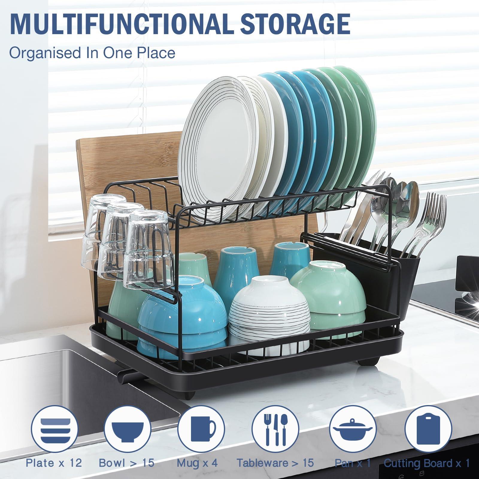 KINGRACK Compact Dish Drying Rack - Dish Drainer with Drip Tray, Durable and Multifunctional Kitchen Drying Rack with 270° Swivel Spout, Sink Dish Rack with Utensil Holder and Cup Rack 1