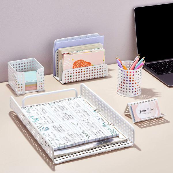 5-Piece White Desk Organisers and Accessories Set Including Paper Tray, Sticky Notes Holder, File Sorter, Pen Cup, and Card Stand 1