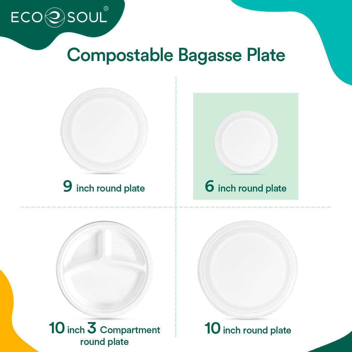 ECO SOUL Pearl White Round 15cm(6") Bagasse Plates, 10x Times Sturdy Than Paper Plates(Pack of 100), Disposable Tableware, 100% Compostable, Eco Friendly Alternative to Plastic Plates, Microwavable 2