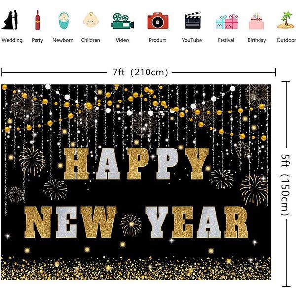 INRUI Happy New Year Backdrop Black and Gold Photography for New Year Eve Party 2024 Golden Glitter Firework New Year Party Decoration (8x6FT) 3