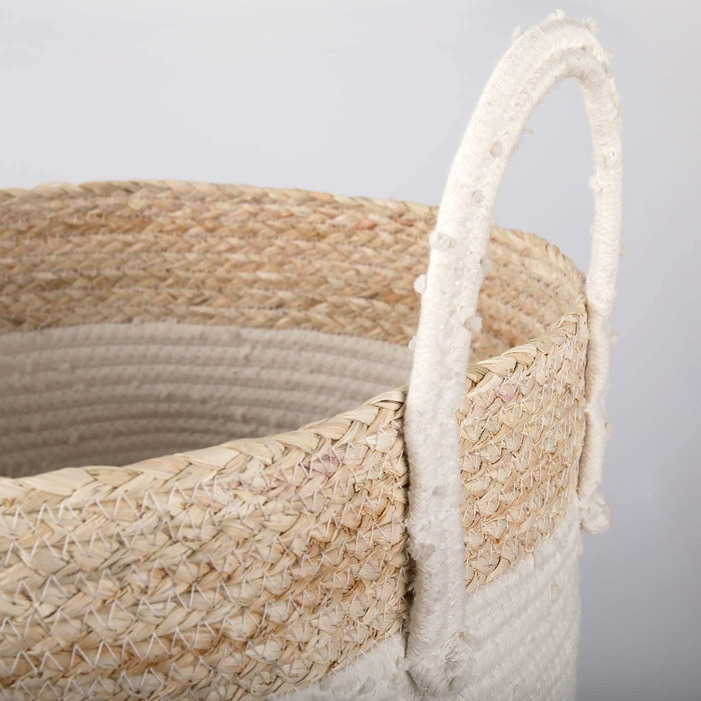 La Jolíe Muse Large Storage Basket - Cotton Rope Laundry Basket for Diaper Blanket Toy Towel Woven Nursery Basket Home Decor, White & Gold Set 2 3