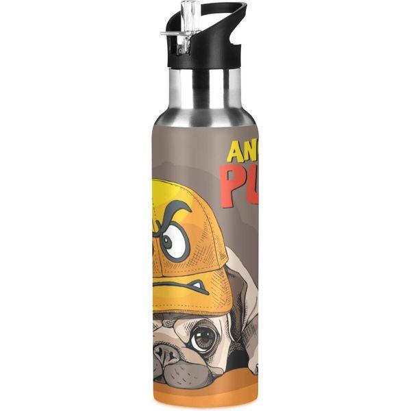 Stainless Steel Water Bottle with Straw, Funny Cartoon Pug Emoji Insulated Drink Flask Sports Water Bottle for Kids Adults, Leakproof, 600ml