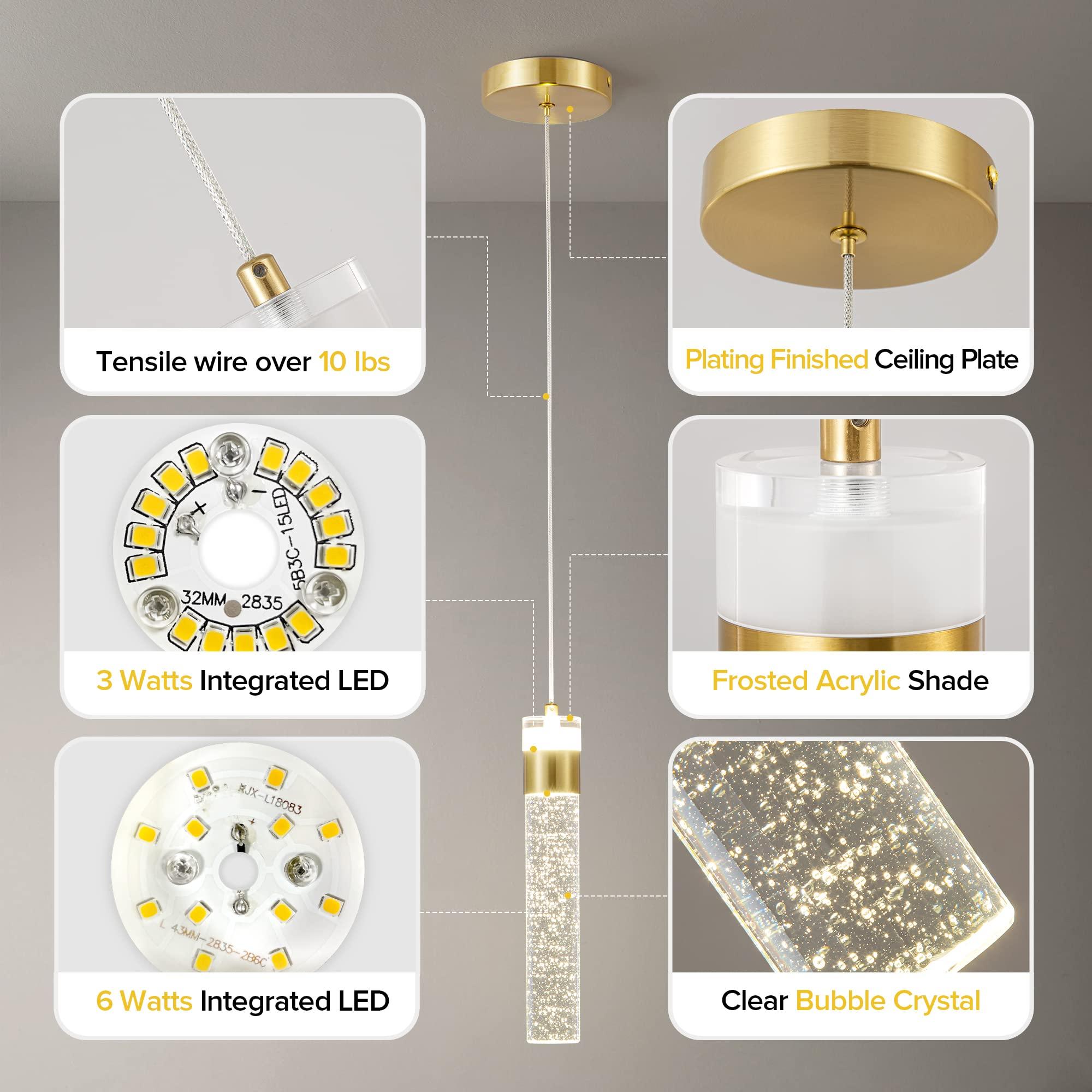 Epinl Gold Pendant Light Fixtures - Crystal Pendant Light for Kitchen Island Lighting 4000K LED Modern Adjustable Chandelier Hanging Bubble Pendant Lighting for Bedroom Living Room Dining Room 3