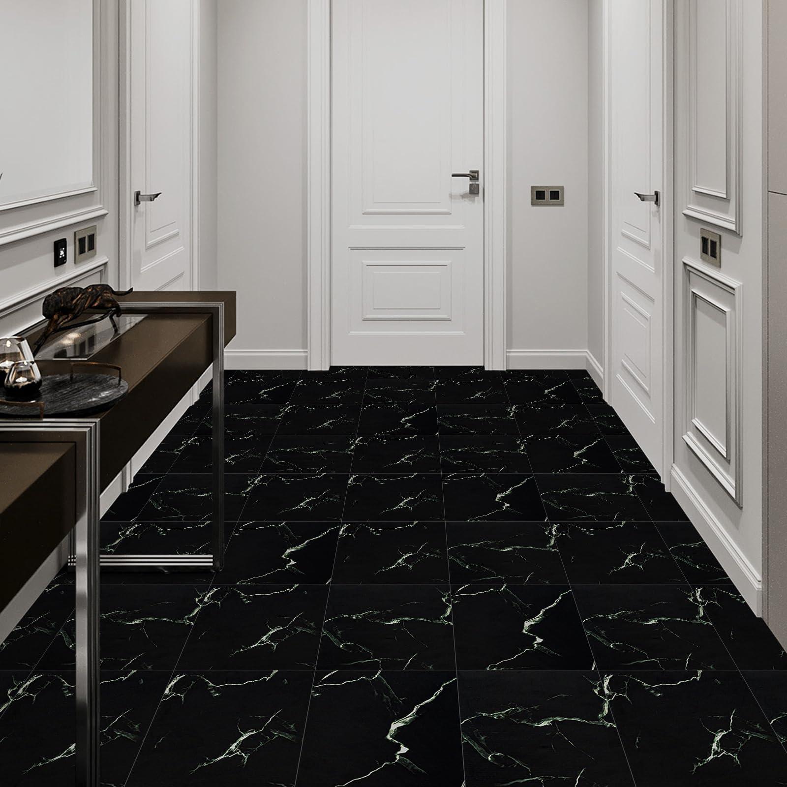 Elffloor Floor Tiles Self Adhesive Vinyl Flooring, Peel and Stick Floor Tiles, Bathroom Waterproof Vinyl Floor Tiles Stick on Kitchen Living Room Marble Effect Black 30x30cm 10pcs 1mm 2