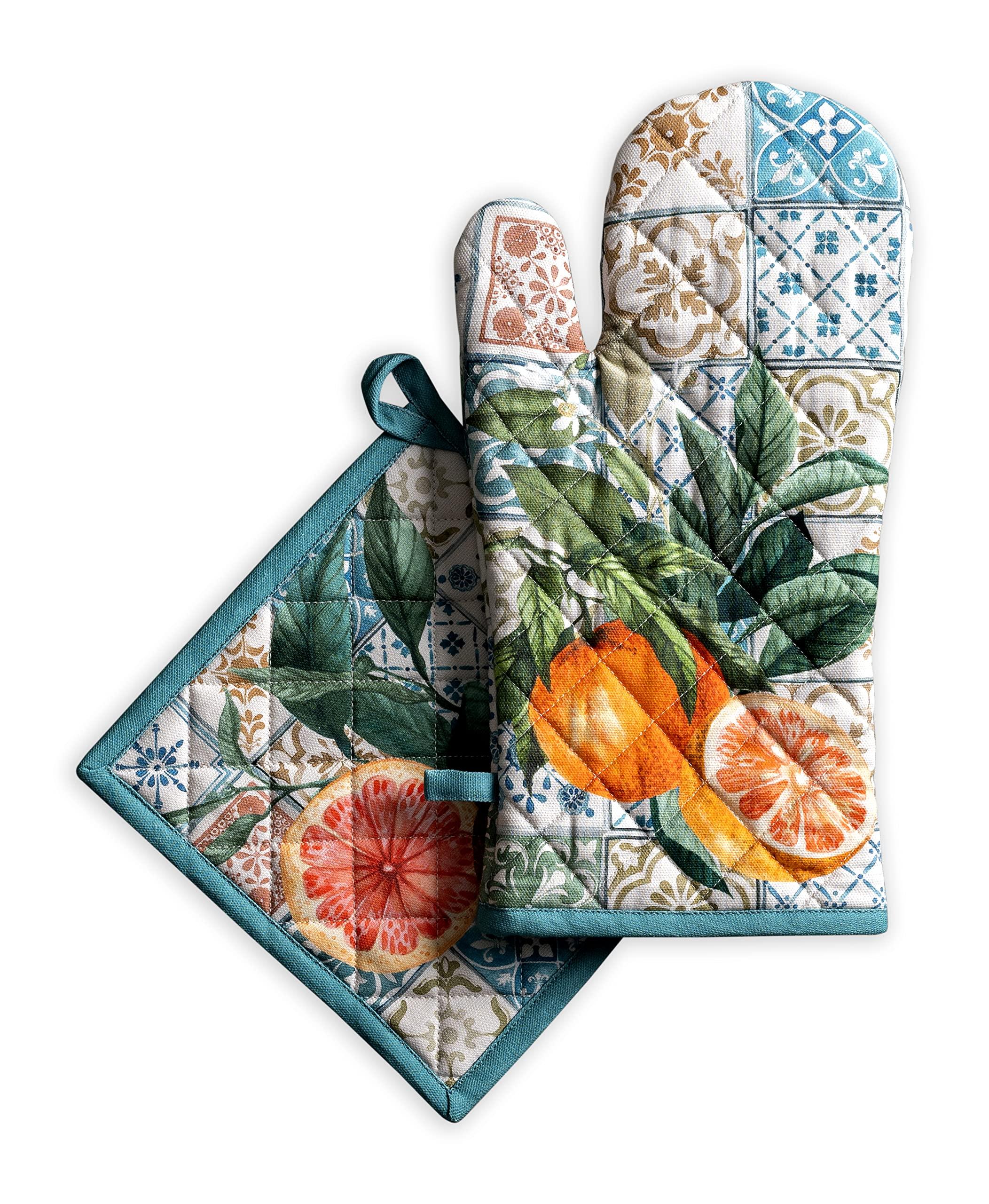 Maison d' Hermine Oven Mitt (19cm x 33cm) and Pot Holder (20cm x 20cm) 100% Cotton Kitchen Oven Mitt + Pot Holder Heat Resistant, BBQ, Barbecue, Equinoxe - Thanksgiving/Christmas