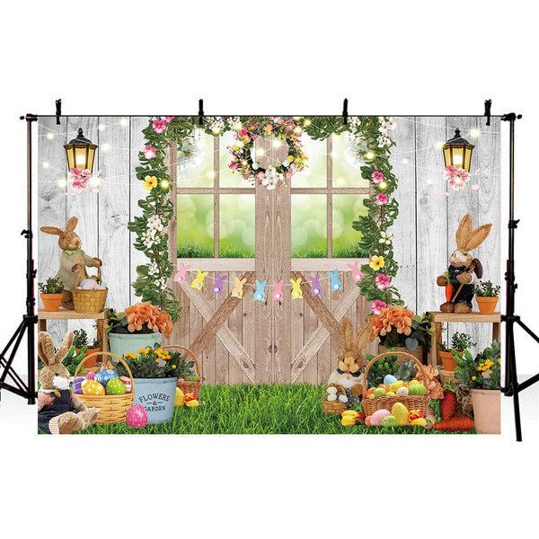 Spring Easter Barn Backdrop 8x6FT Garden Floral Rabbit Eggs Green Grass Rustic Wooden Photography Background Easter Party Decoration for Baby Shower Baby Portrait Photo Booth Props 0