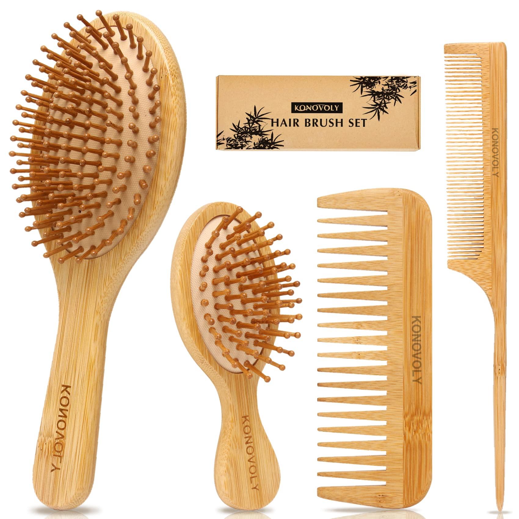 4 Piece Bamboo Hair Brush and Comb Set with Paddle Detangling Hairbrush Natural Wide-tooth and tail comb No Bristle, suit for Women Men Kids Thick/Thin/Curly/Dry Hair Gift kit