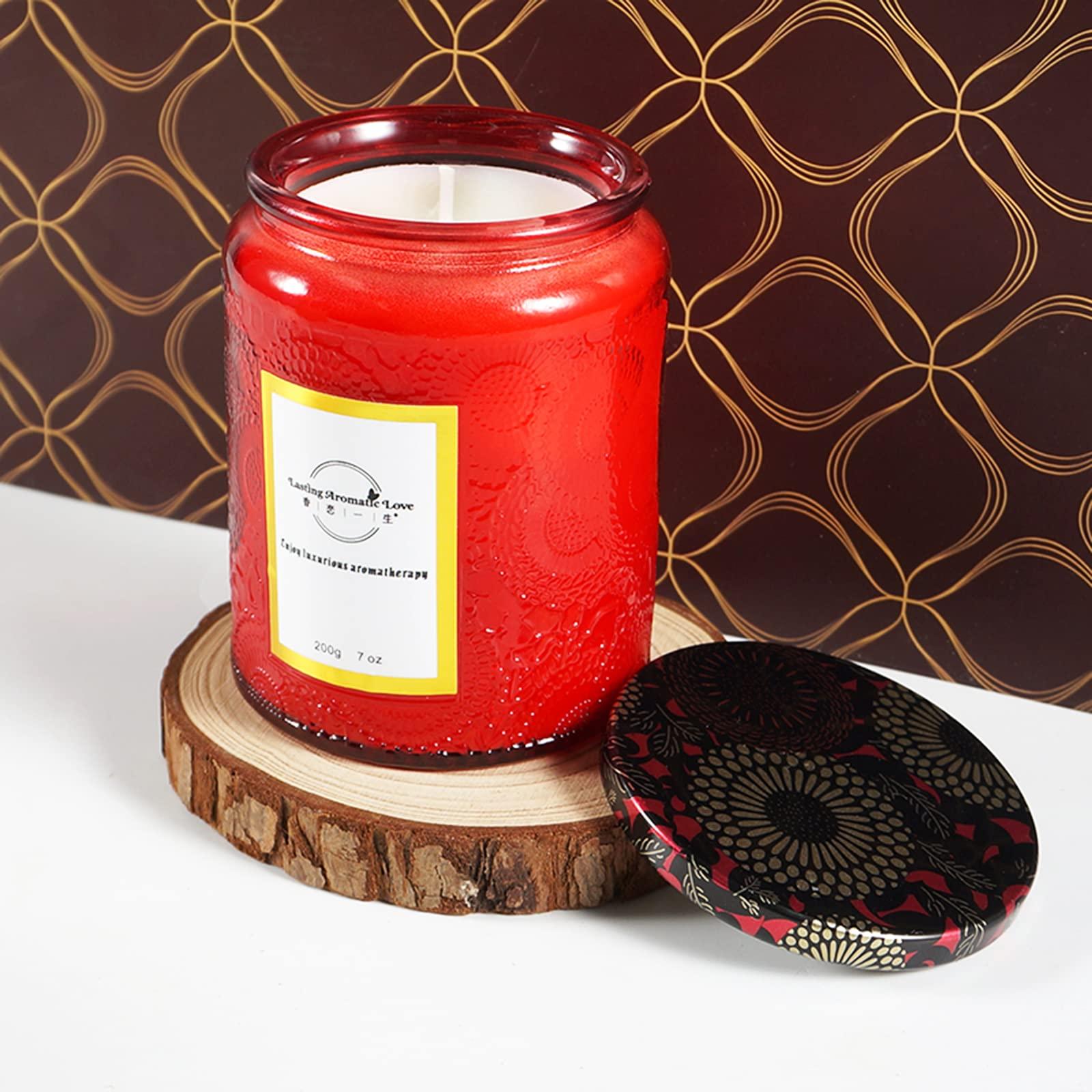 Soulnioi Embossed Red Glass Jar Candle Natural Soy Wax Candles Aromatherapy Candles Rose & Leather Scent | Up to 40 Hours Burn Time |, with Strawberry Crystal Ring and Agate Bullet Pendant Necklace 3