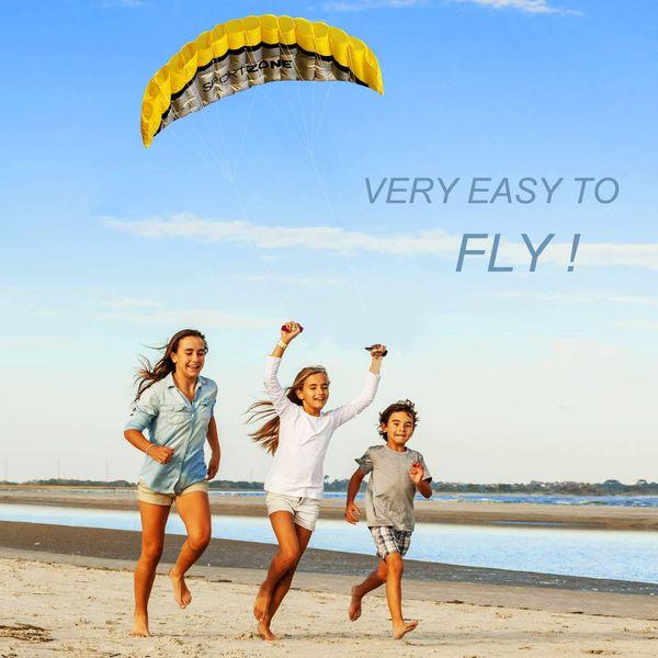 Touch the sky 100in Dual Line Stunt Parafoil Kite | Parachute Kite For Kids & Adults | Power Kite Beach Summer Flying Outside Activity | Strings Wrist Strapes | Yellow 3