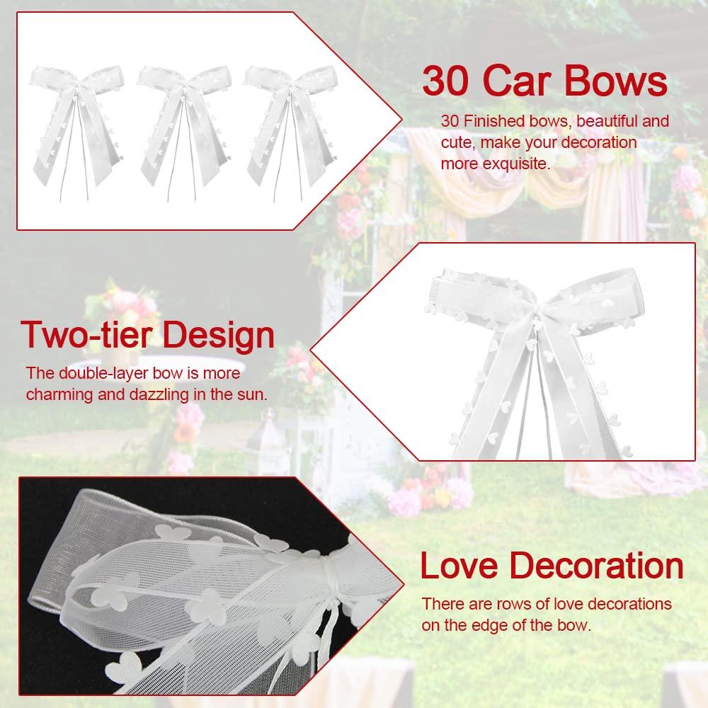 DURANTEY 30 Pcs Wedding Car Ribbon Bows White Heart Wedding Bows Butterfly Organza Bow Christmas Tree Bows Satin Ribbon Antenna Bows for Xmas Gift Wrapping, Flower Arrangements, Wedding Car, Party 3