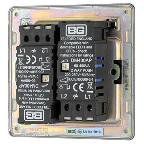 BG Electrical Screwless Flat Plate Double Dimmer Light Switch, Black Nickel, 2-Way, 400 Watts 2