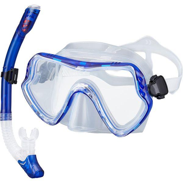 SixYard Dry Snorkel Set for Women And Men, Anti-Fog Tempered Glass Scuba Diving Mask, Panoramic Wide View Swimming Goggle, Easy Breathing and Professional Snorkeling Gear for Adults (Blue)