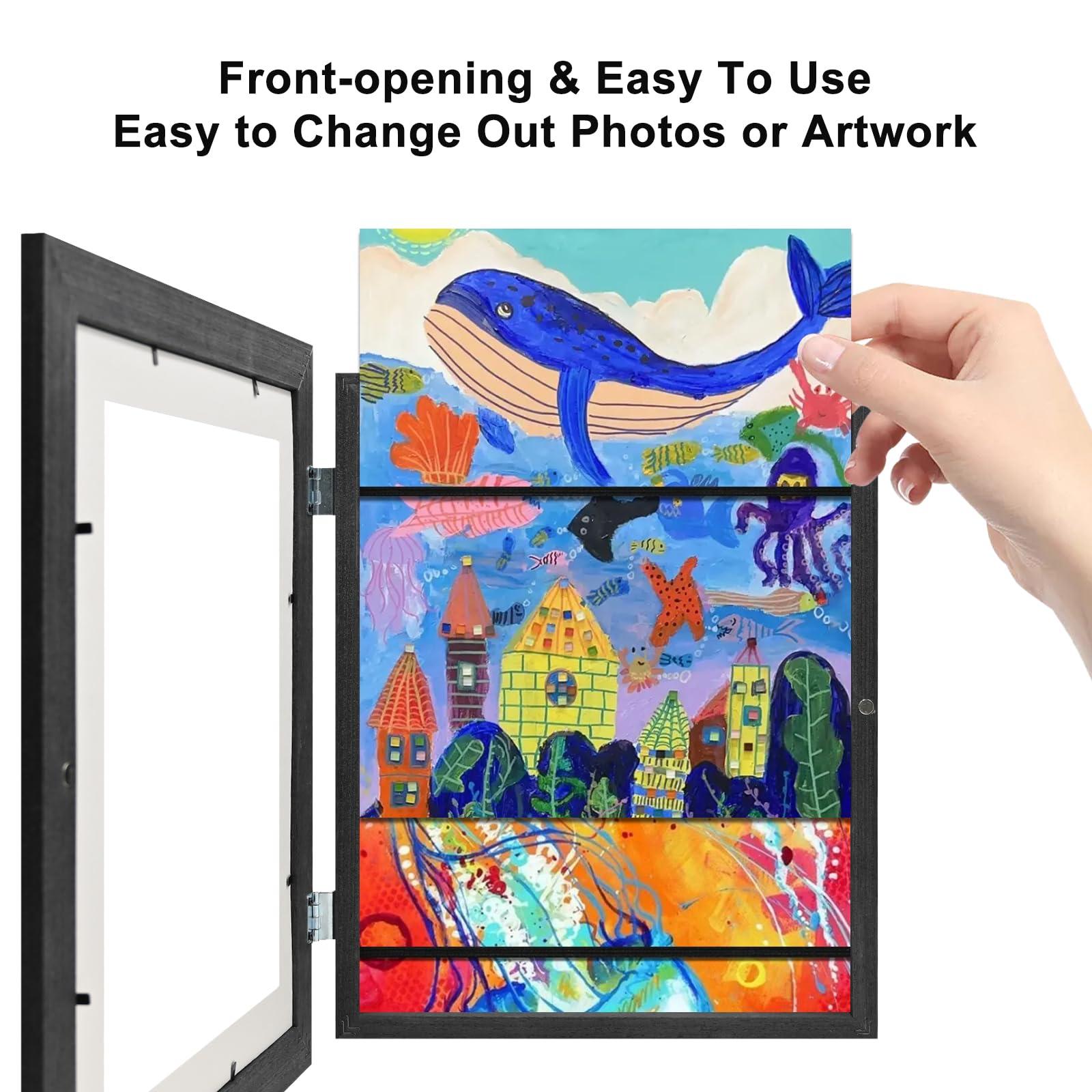 EGOFINE Kids Art Frames Solid Wood- 2 Pack Front Opening A4/8.5x11 Kids Artwork Frames Changeable with Mat and Display10x12.5 Pictures Without Mat,Children Art Frame with Acrylic Glass,Holds 150,Black 4