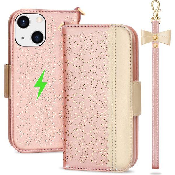 WWW Case for iPhone 14 Plus,PU Wallet Case with [Card Holders] [Hand Strap] and [Makeup Mirror] for iPhone 14 Plus (6.7") 2022 Compatible with Magsafe,ROSE GOLD 0