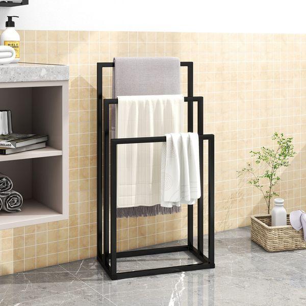Metal Towel Bathroom Rack 3 Bars Freestanding Drying Shelf 3 Tier Storage Organizer Washcloths Holder (Black)