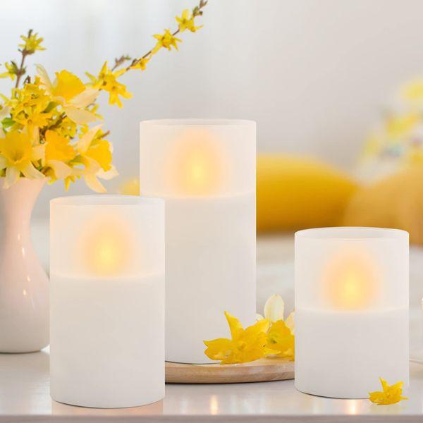 M Mirrowing Flameless Frosted Glass LED Candles, Flickering Flameless LED Candles with 10 Keys, with Remote Control and Timer, Battery Operated Flameless Pillar Candles in Glass Holder, Set of 3 1