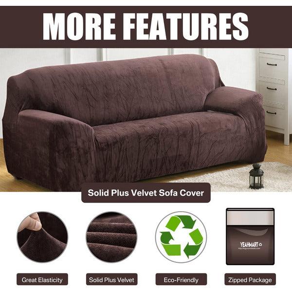 Yeahmart Thick Sofa Covers 1/2/3 Seater Pure Color Sofa Protector Velvet Easy Fit Elastic Fabric Stretch Couch Slipcover (Brown, 1 Seater 90-140cm) 1